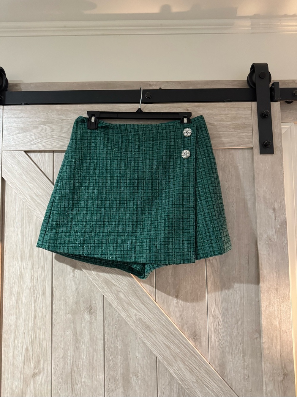 Emerald Green Tweed Skort with Decorative Buttons